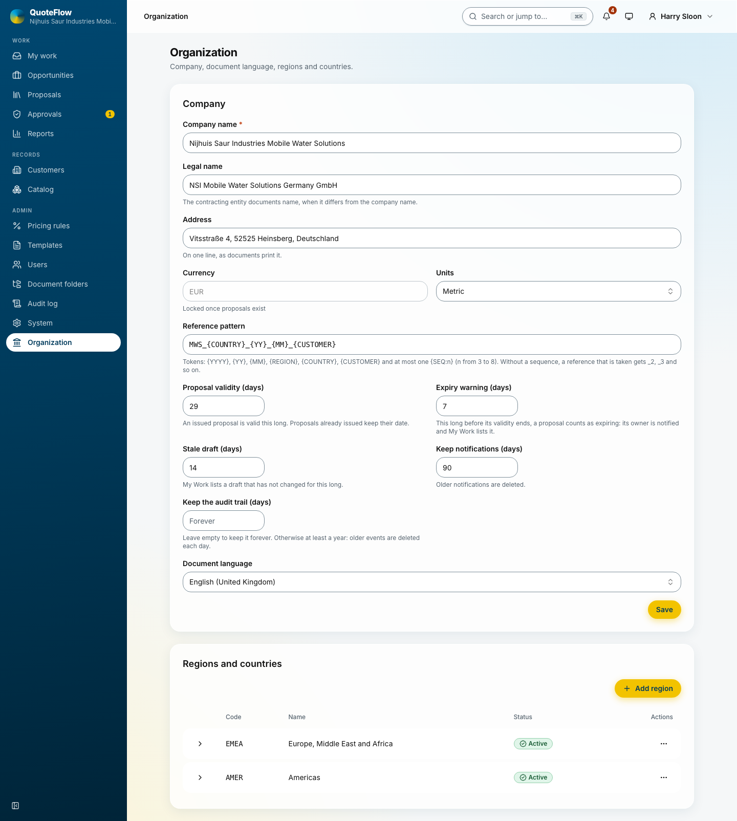 The organisation settings