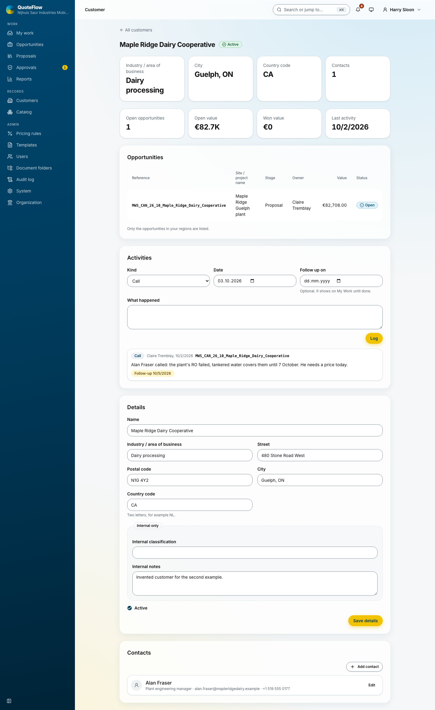 A customer’s page with its opportunities and activities