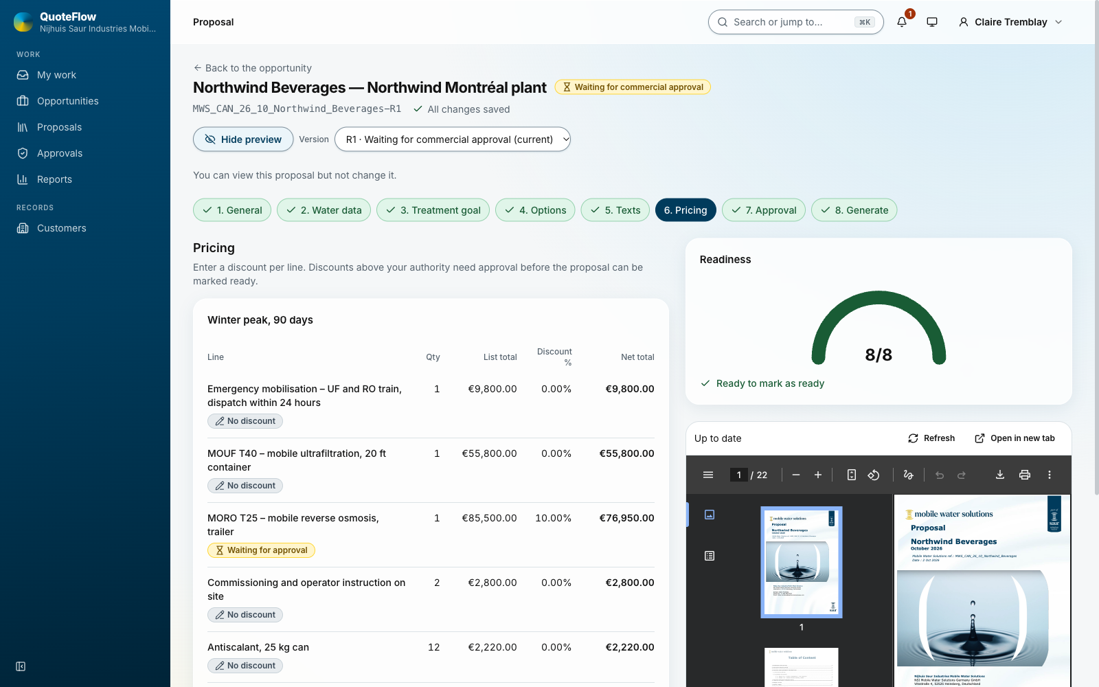 The proposal builder with the live preview beside the pricing step