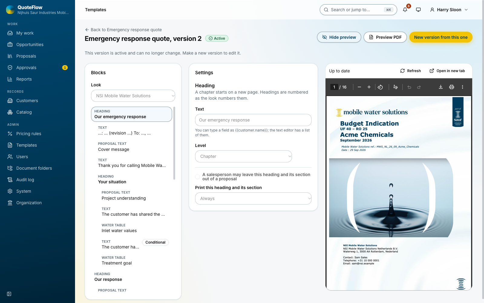 The template builder with the live preview beside the blocks